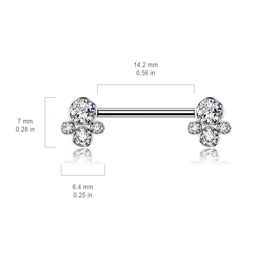 Implant Grade Titanium Internally Threaded Aqua CZ Cluster Nipple Ring Straight Barbell