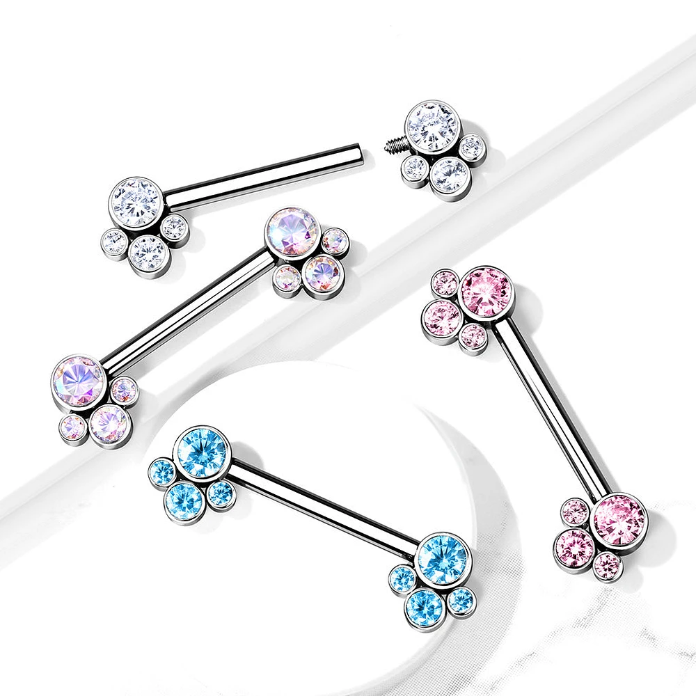 Implant Grade Titanium Internally Threaded CZ Cluster Nipple Ring Straight Barbell