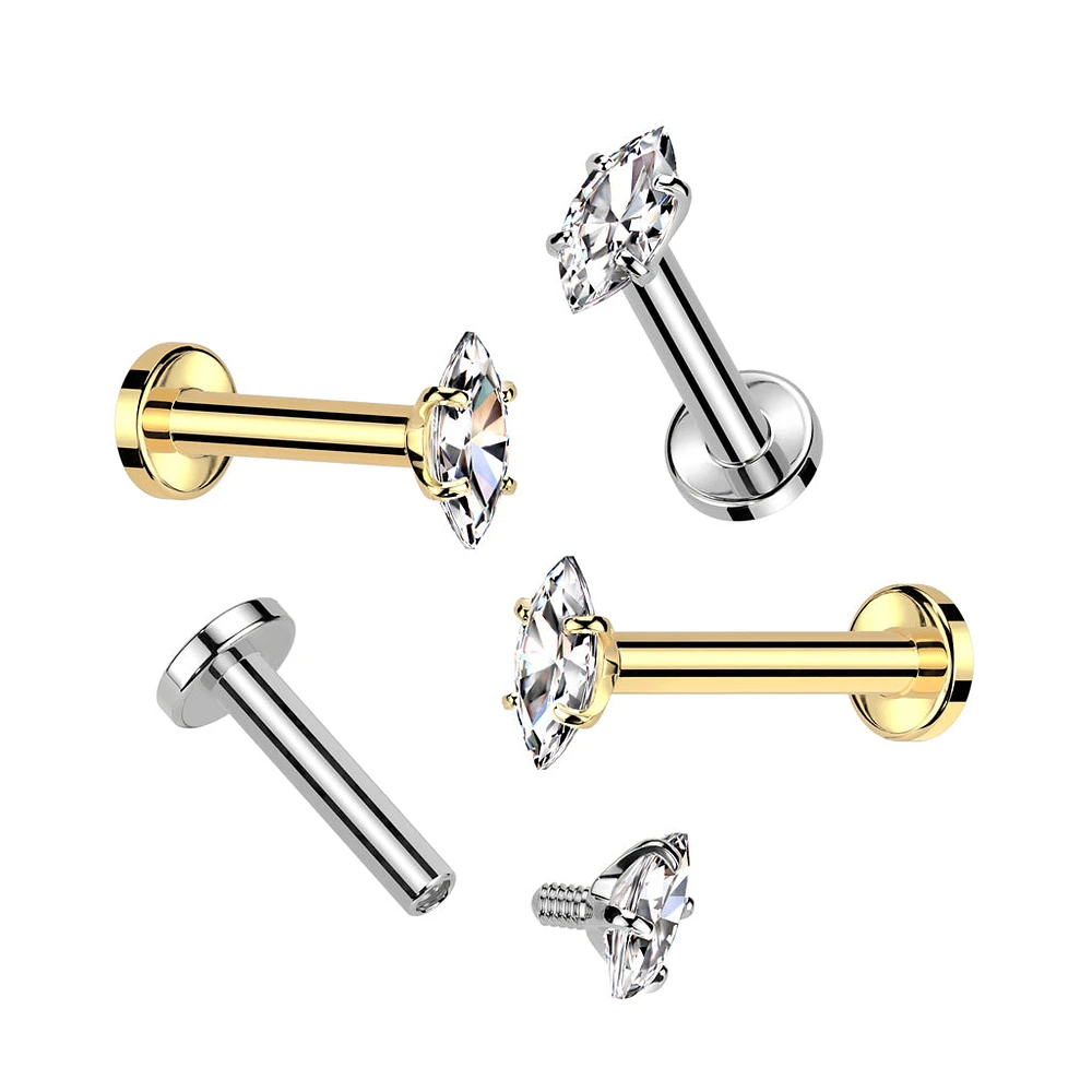 Implant Grade Titanium Gold PVD White CZ Marquise Gem Internally Threaded Flat Back Labret