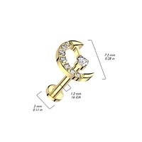 Titanium Gold PVD White CZ Internally Threaded Crescent Moon Labret Flat Back