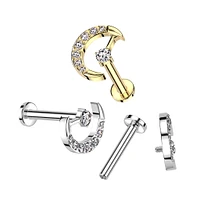 Titanium Gold PVD White CZ Internally Threaded Crescent Moon Labret Flat Back