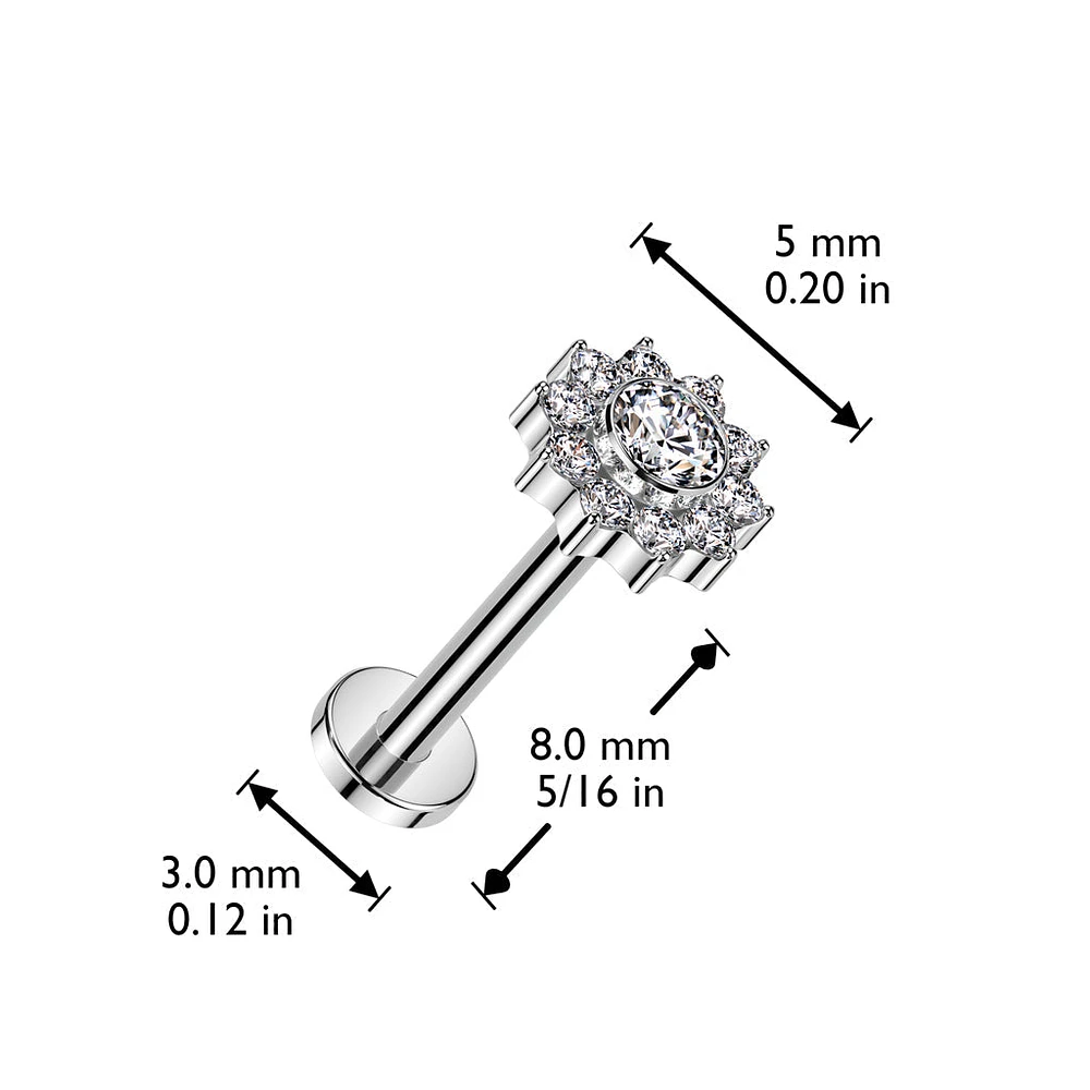 Implant Grade Titanium Gold PVD White CZ Flower Internally Threaded Flat Back Labret