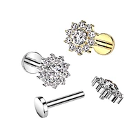 Implant Grade Titanium Gold PVD White CZ Flower Internally Threaded Flat Back Labret