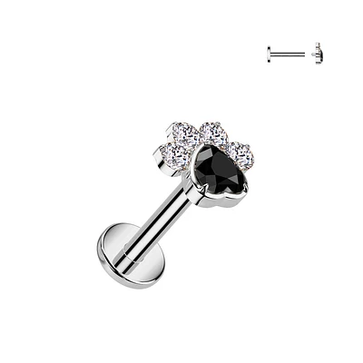 Implant Grade Titanium White & Black CZ Gem Paw Print Internally Threaded Flat Back Labret