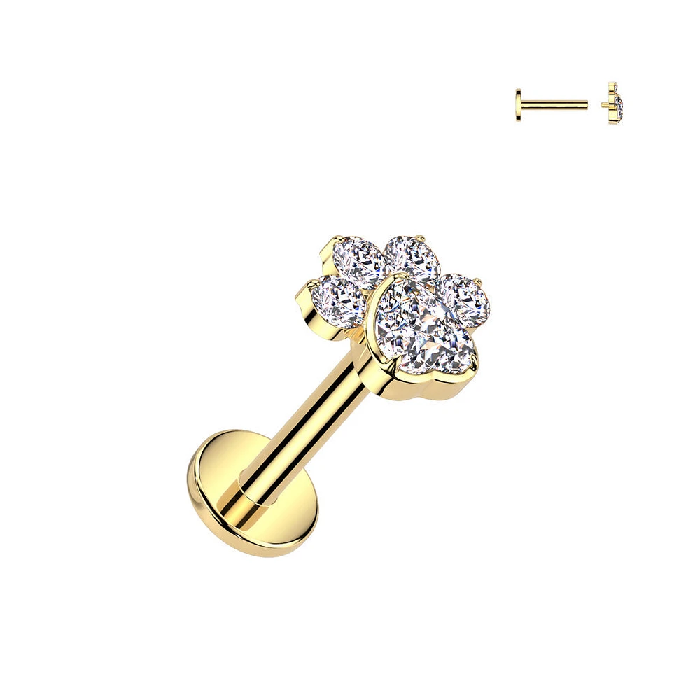 Implant Grade Titanium Gold PVD White CZ Gem Paw Print Internally Threaded Flat Back Labret