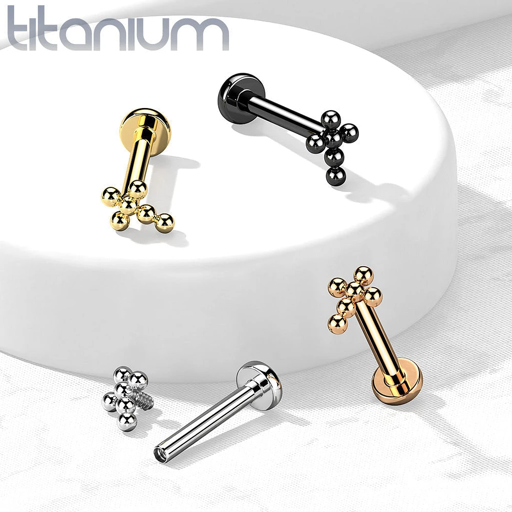 Implant Grade Titanium Rose Gold PVD Beaded Dainty Cross Internally Threaded Labret