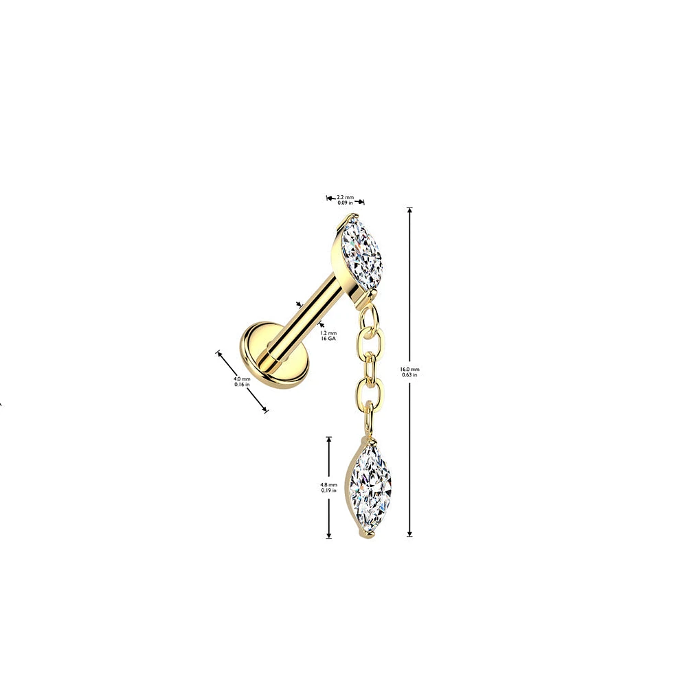 Implant Grade Titanium White CZ Marquise Gem Dangle Internally Threaded Labret