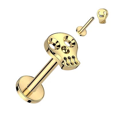 Implant Grade Titanium Gold PVD Skull Internally Threaded Flat Back Labret