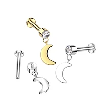 Implant Grade Titanium Gold PVD White CZ Crescent Moon Dangle Flat Back Labret