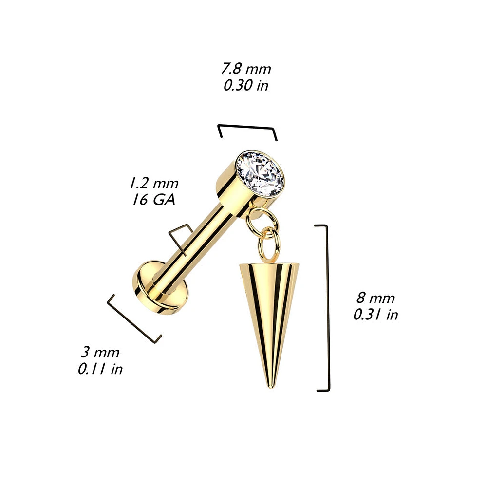 Implant Grade Titanium Gold PVD White CZ Bezel Spike Dangle Internally Threaded Flat Back Labret