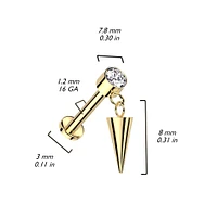 Implant Grade Titanium Gold PVD White CZ Bezel Spike Dangle Internally Threaded Flat Back Labret