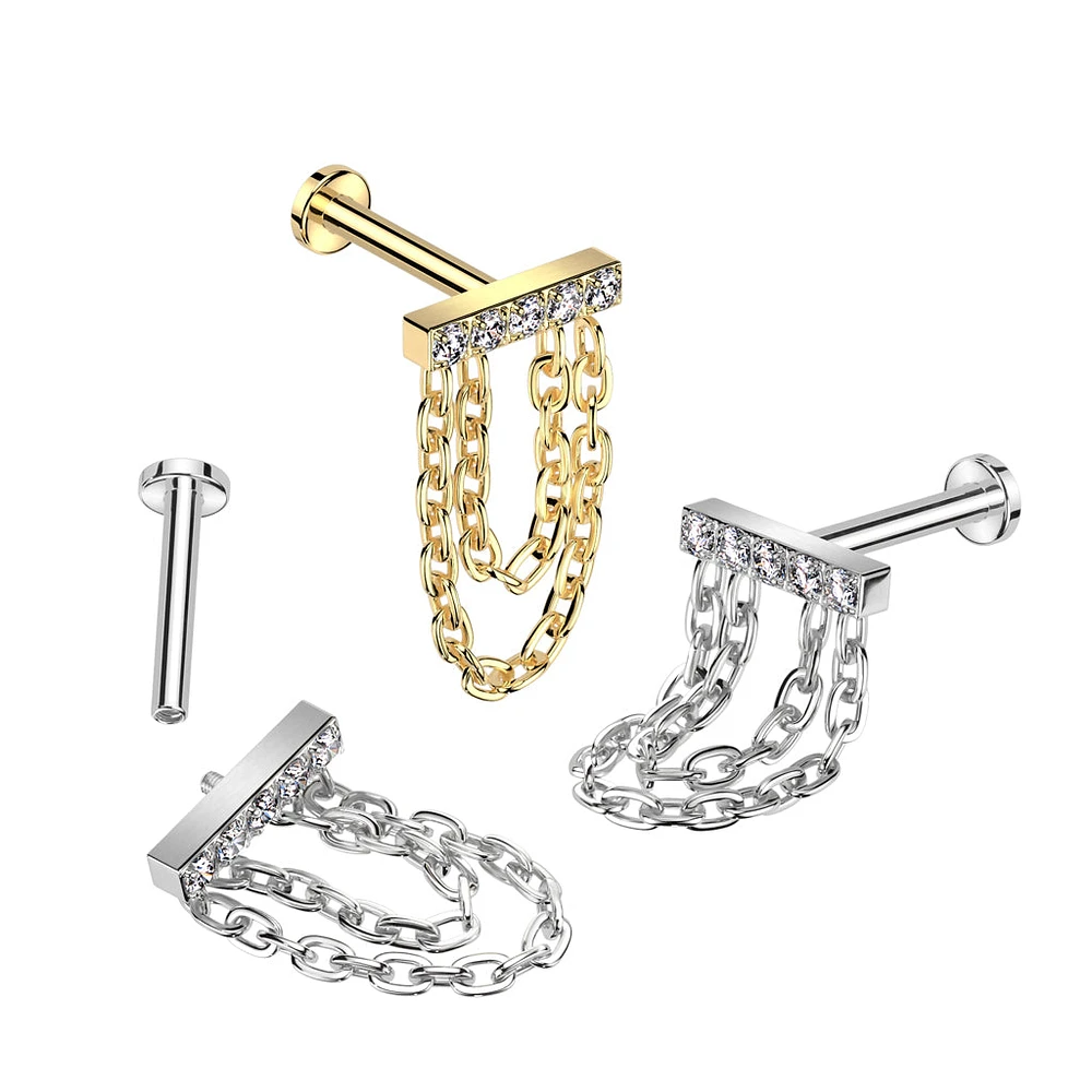 Implant Grade Titanium Gold PVD White CZ Studded Bar Chain Dangle Flat Back Labret