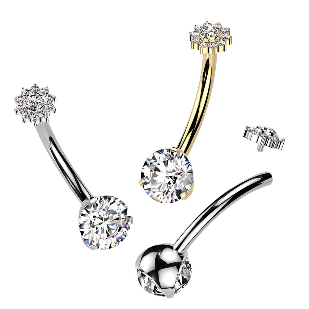 Implant Grade Titanium Gold PVD Internally Threaded White CZ Gem Flower Belly Ring