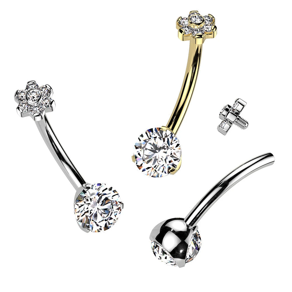 Implant Grade Titanium Gold PVD White CZ Internally Threaded Flower Top Belly Ring