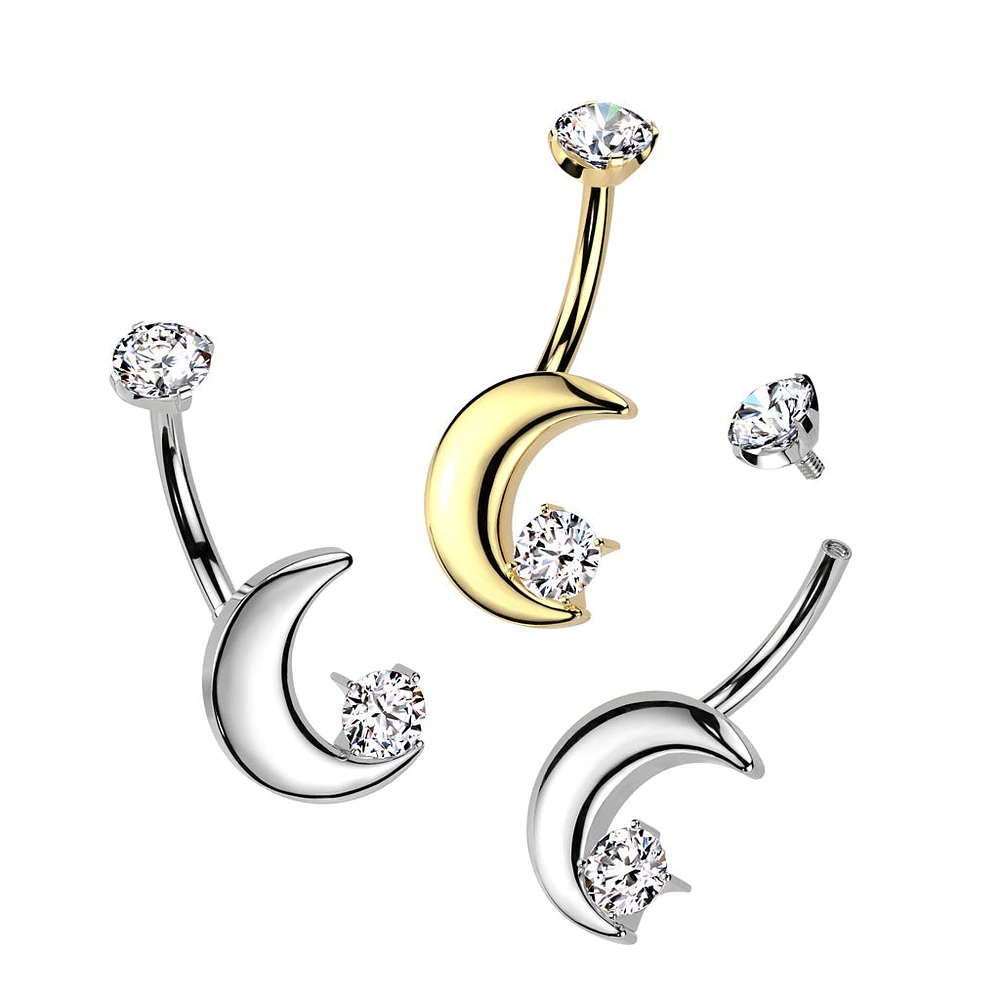 Implant Grade Titanium White CZ Crescent Moon Internally Threaded Belly Ring