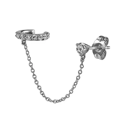 925 Sterling Silver Chain Connected CZ Stud With Faux Cartilage Conch Hoop - Single Piece