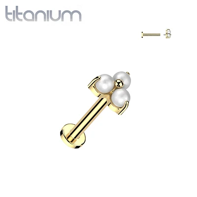 Implant Grade Titanium Gold PVD White Pearl Trillium Internally Threaded Flat Back Labret