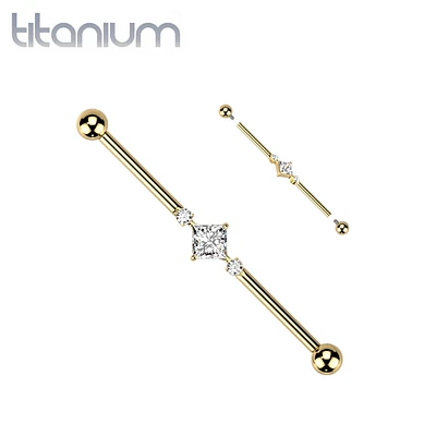 Implant Grade Titanium Gold PVD White CZ Square & Circle Gem Cluster Industrial Straight Barbell