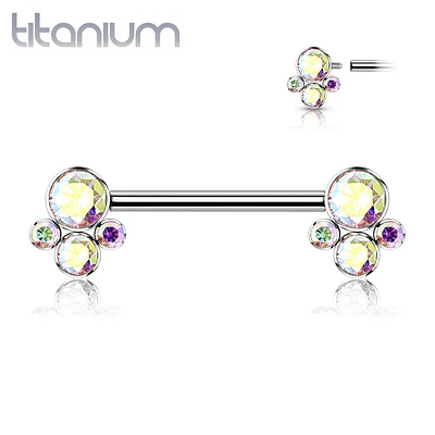 Implant Grade Titanium Internally Threaded Aurora Borealis CZ Cluster Nipple Ring Straight Barbell