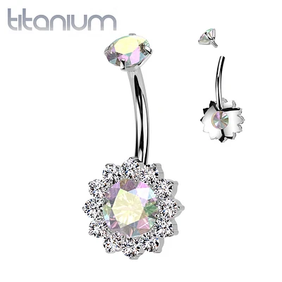 Implant Grade Titanium White CZ Aurora Borealis Large Flower Internally Threaded Belly Ring