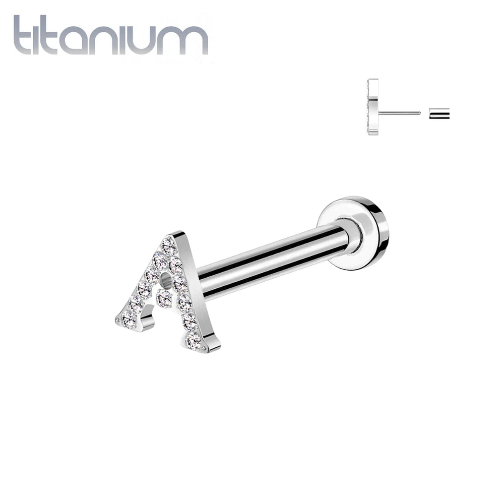 Implant Grade Titanium White CZ Initial Letter Threadless Push In Labret