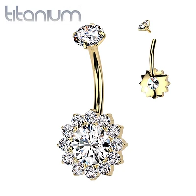 Implant Grade Titanium Gold PVD White CZ Large Flower Internally Threaded Belly Ring