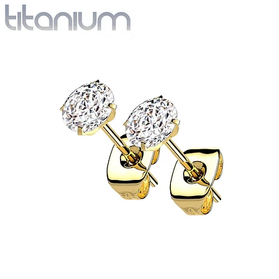 Pair Of Implant Grade Titanium Gold PVD White CZ Stud Earrings