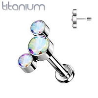 Implant Grade Titanium Threadless Push In Cartilage 3 Gem Curved Aurora Borealis CZ Gems With Flat Back