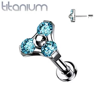 Implant Grade Titanium Threadless Push In Tragus/Cartilage Aqua CZ Trillium With Flat Back