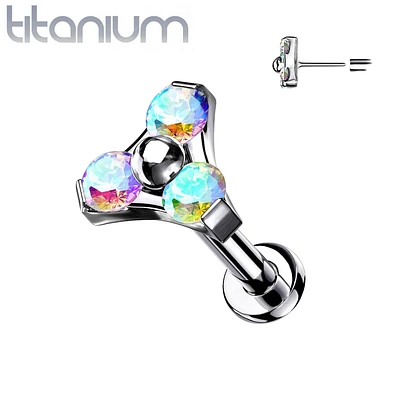 Implant Grade Titanium Threadless Push In Tragus/Cartilage Aurora Borealis CZ Trillium With Flat Back