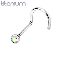 Implant Grade Titanium Corkscrew Bezel Aurora Borealis CZ Gem Nose Pin Ring