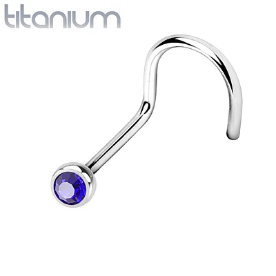 Implant Grade Titanium Corkscrew Bezel Blue CZ Gem Nose Pin Ring
