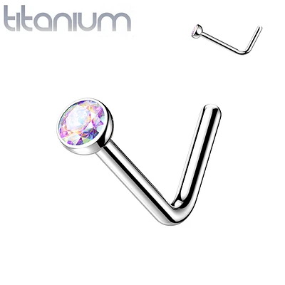 Implant Grade Titanium L-Shape Aurora Borealis CZ Nose Ring Stud