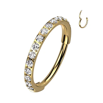316L Surgical Steel Gold PVD Pave White CZ Nose Hoop Hinged Clicker Ring