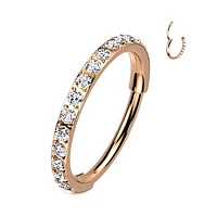 316L Surgical Steel Rose Gold PVD Pave White CZ Nose Hoop Hinged Clicker Ring