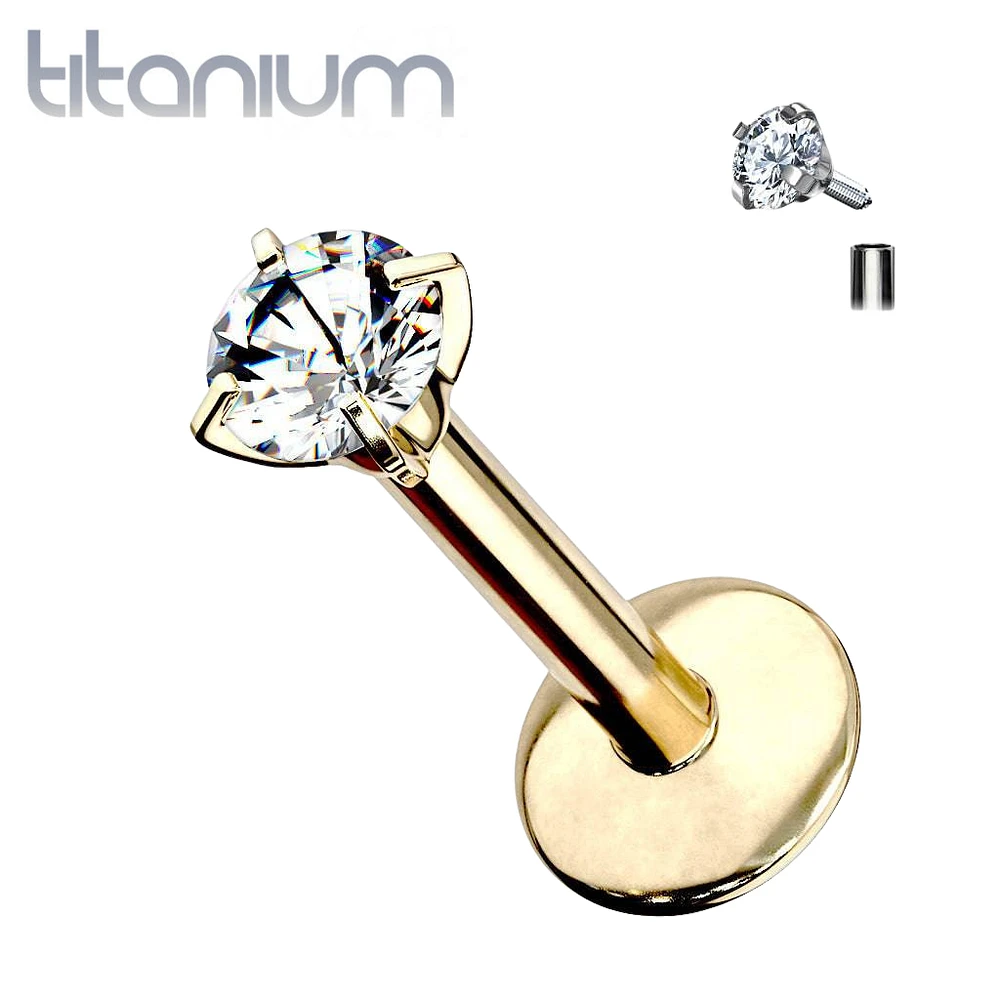 Implant Grade Titanium Internally Threaded Gold PVD Plated White CZ Labret