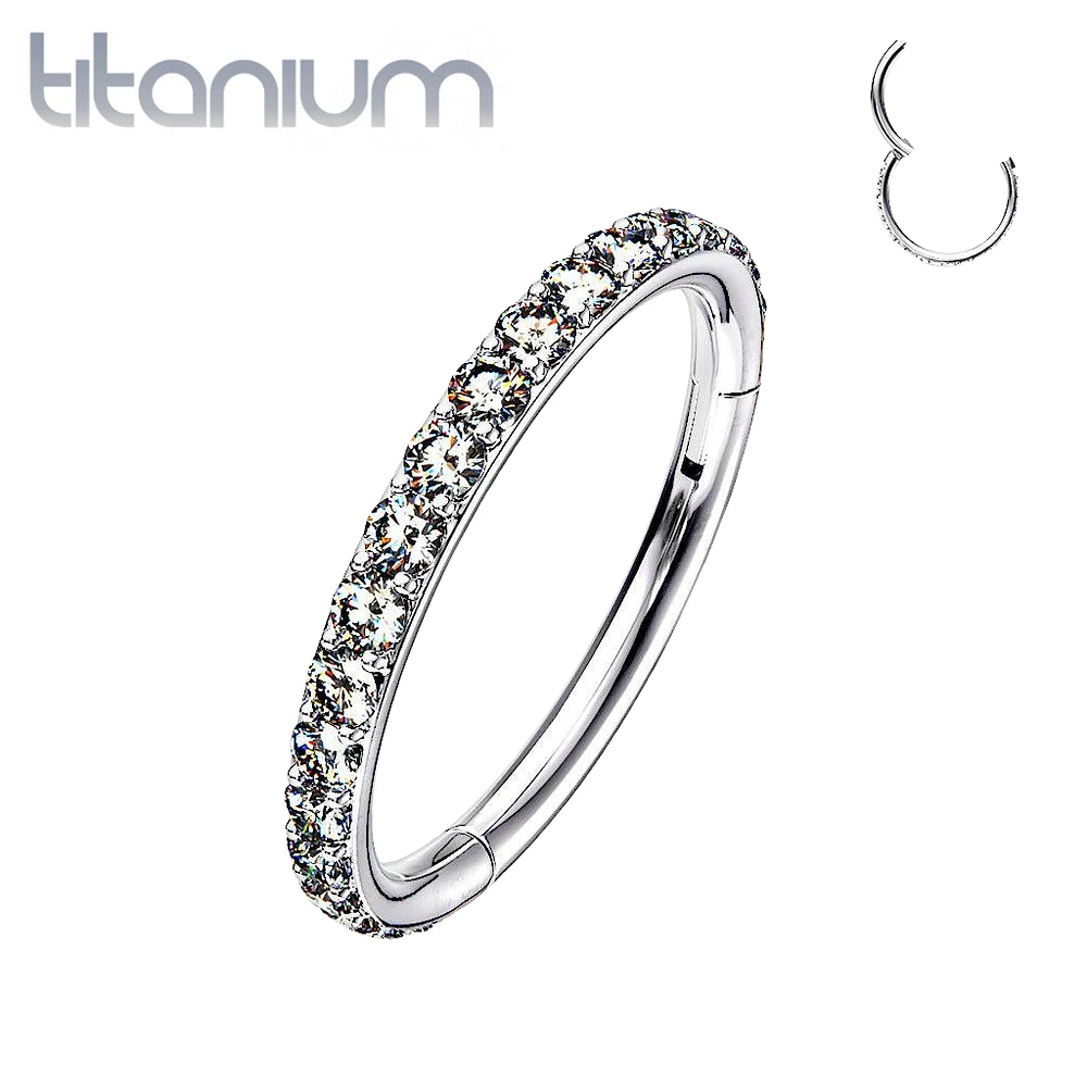 Implant Grade Titanium Easy Hinged White CZ Pave Clicker Hoop