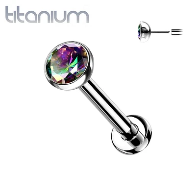 Implant Grade Titanium Threadless Push In Nose Ring Bezel Vitrail Medium CZ With Flat Back