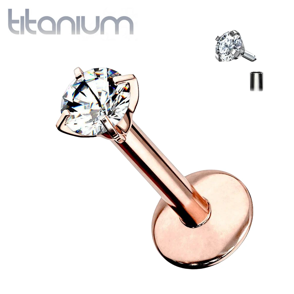 Implant Grade Titanium Internally Threaded Rose Gold PVD Plated White CZ Labret