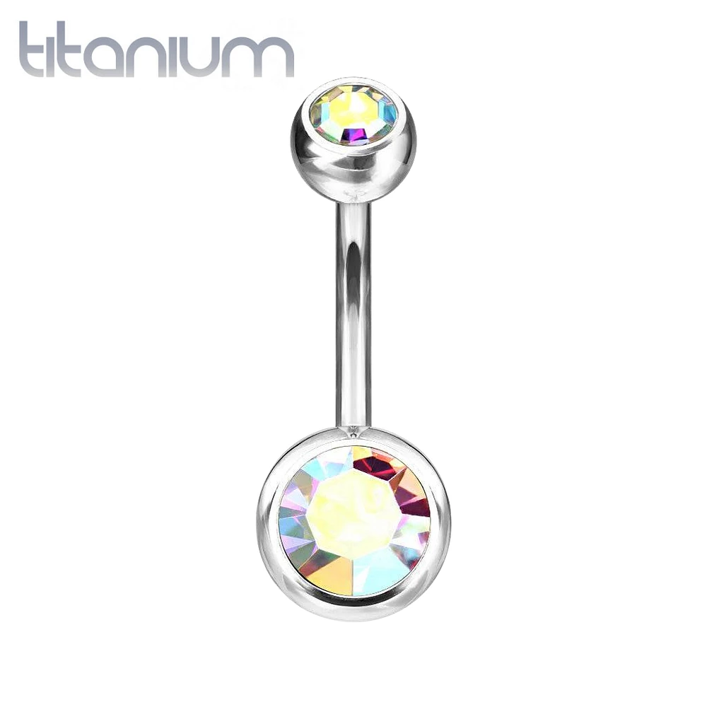 Implant Grade Titanium Double Ball Aurora Borealis CZ Gem Belly Ring