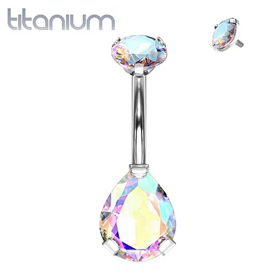 Implant Grade Titanium Internally Threaded Pear Tear Drop Aurora Borealis CZ Belly Ring