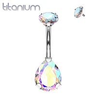 Implant Grade Titanium Internally Threaded Pear Tear Drop Aurora Borealis CZ Belly Ring