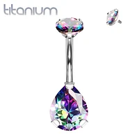 Implant Grade Titanium Internally Threaded Pear Tear Drop Vitrail Medium CZ Belly Ring