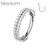 Implant Grade Titanium Double Row White CZ Pave Hinged Clicker Hoop