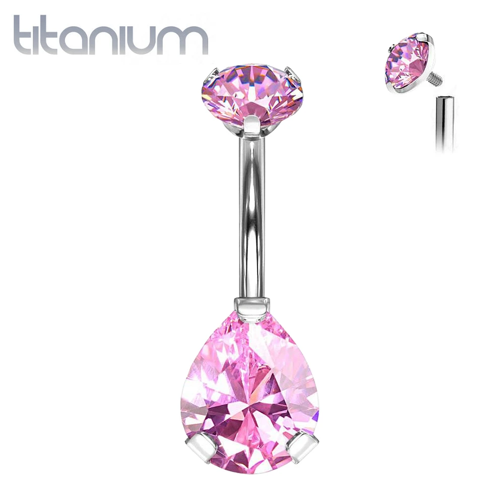 Implant Grade Titanium Internally Threaded Pear Tear Drop CZ Belly Ring