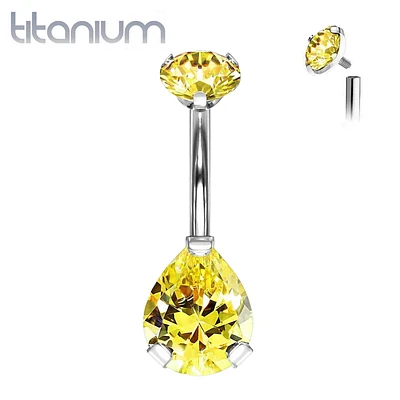 Implant Grade Titanium Internally Threaded Pear Teardrop Topaz CZ Belly Ring