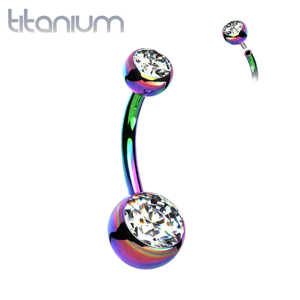 Implant Grade Titanium Rainbow PVD Double Ball White CZ Gem Belly Ring