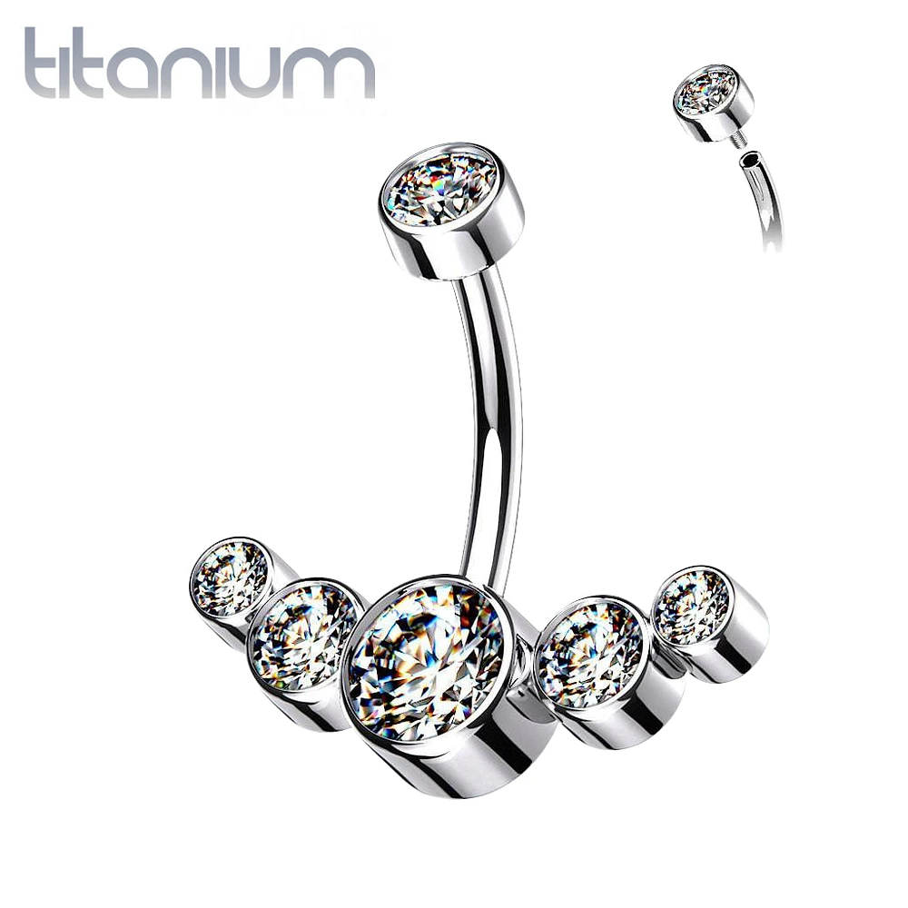 Implant Grade Titanium Internally Threaded With 5 Bezel White CZ Bottom Belly Ring