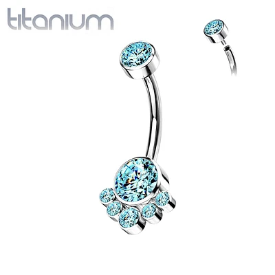 Implant Grade Titanium Internally Threaded Aqua CZ Bezel Cluster Belly Ring