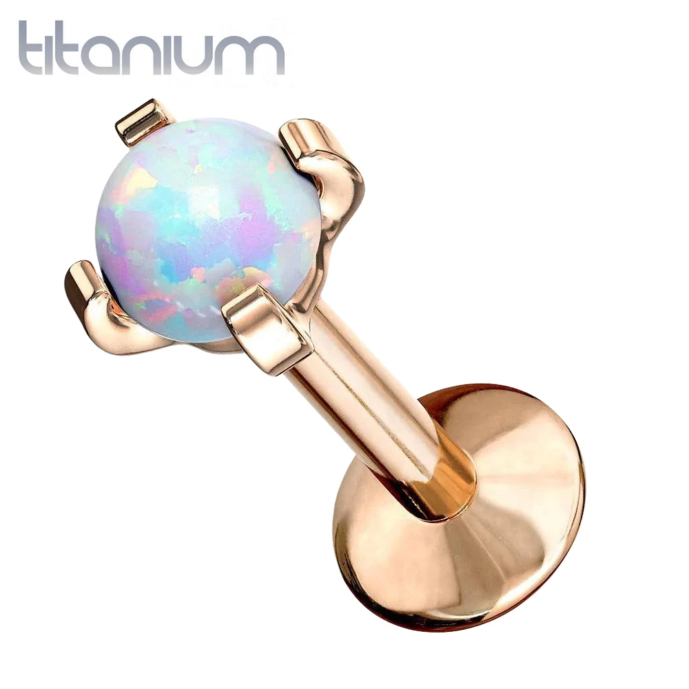 Implant Grade Titanium Rose Gold PVD White Opal Flat Back Internally Threaded Labret Ring